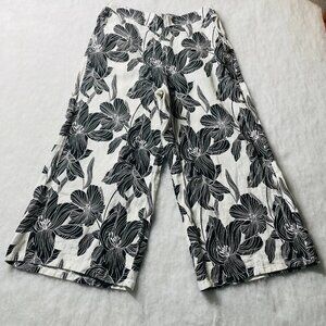 Tahari Womens Black & White Floral Print Linen Wide Leg Cropped Pants Size Large
